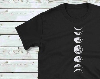 Moon Phases - Vertical - 100% Black Cotton Unisex T-shirt by Vast Space Art - Glow-in-the-Dark Option, Witch Wicca Pagan