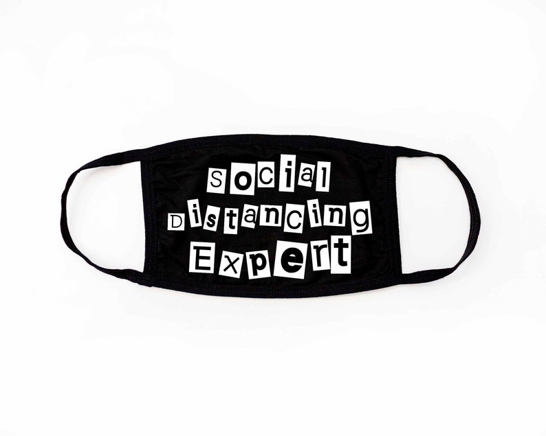 Social Distancing Expert Face Covering Mask, Black 100% Cotton with Vinyl Design, Ransom Note, Cotton Face Mask, Black Face Mask image 1