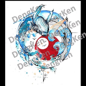Water Color Blue Whale Sun and Moon with Ocean Wave Light House Inspiration Tattoo Design and Stencil/Template - Instant Digital Download