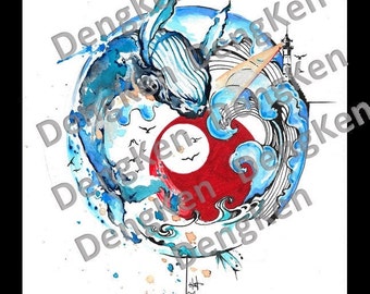 Water Color Blue Whale Sun and Moon with Ocean Wave Light House Inspiration Tattoo Design and Stencil/Template - Instant Digital Download