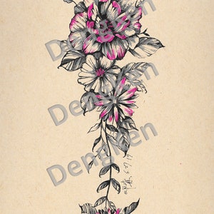 Romantic Flower Purple Daisy Peony Inspiration Tattoo Design and Stencil/Template - Instant Digital Download