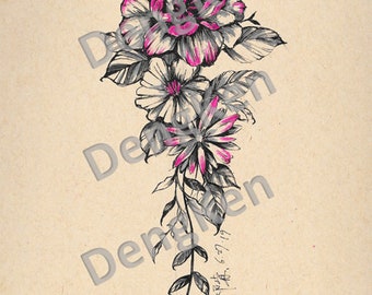 Romantic Flower Purple Daisy Peony Inspiration Tattoo Design and Stencil/Template - Instant Digital Download