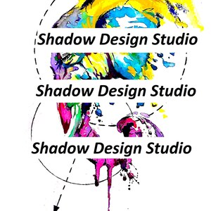 May include: A colorful abstract design with a circular shape and the text "Shadow Design Studio" repeated three times. The design features a mix of blue, yellow, pink, and purple watercolor paint.