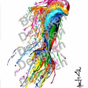 May include: A colorful abstract painting of a dolphin with a splash of paint in the background.