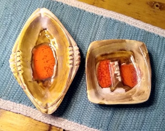 Vintage Maurice of California Ashtrays: Brown Orange Drip Glaze Pottery Set