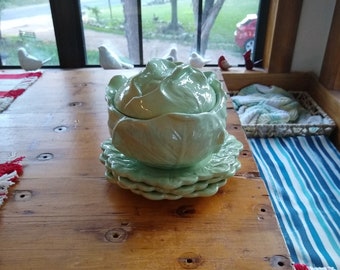Vintage Holland Mold Cabbage Design Bowl Ceramic Cabbage Bowl w/Lid & Underplate Serving Dish 1967 Vintage Holland Mold