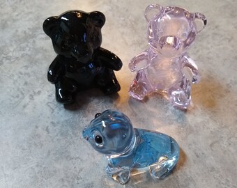 Vintage Oneida 24% Lead Crystal Hand Cut & Blown Black Pink Teddy Bear and Blue Seal