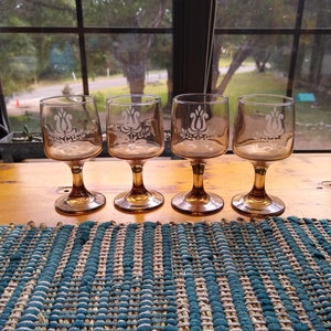 Pfaltzgraff smoked amber frosted etched village wine goblets