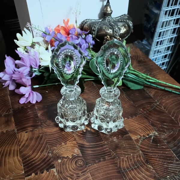 1930s L E Smith Deco US Glass Beaded Oval Perfume Scent Vanity Decanter Bottles