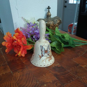 Treasure Craft Ceramic Poppy and Butterfly Bell 6&quot; Tall Wood Grain Flower Floral