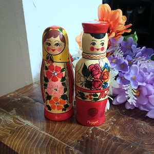 Vintage Russian Matryoshka Wood Decorative Man and Women Salt/ Pepper Shaker Vodka Bottle Holder