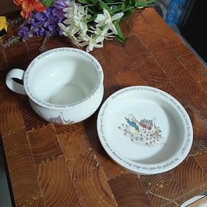 1980s Wedgwood Bone China Peter Rabbit &quot;Stop Thief!&quot; Design Porringer Bowl and Wedgwood of England Peter Rabbit-Mr McGregor-open chamber pot
