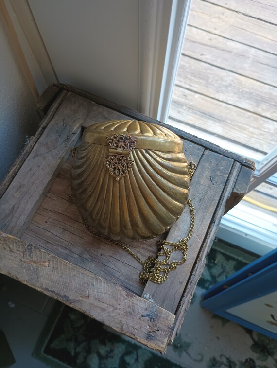 Antique Brass Clamshell Purse Lined With Royal Pu… - image 5