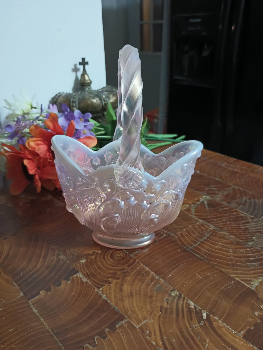 Fenton Art Glass Pink Opalescent Basket Flower Trinket Scalloped Candy ...