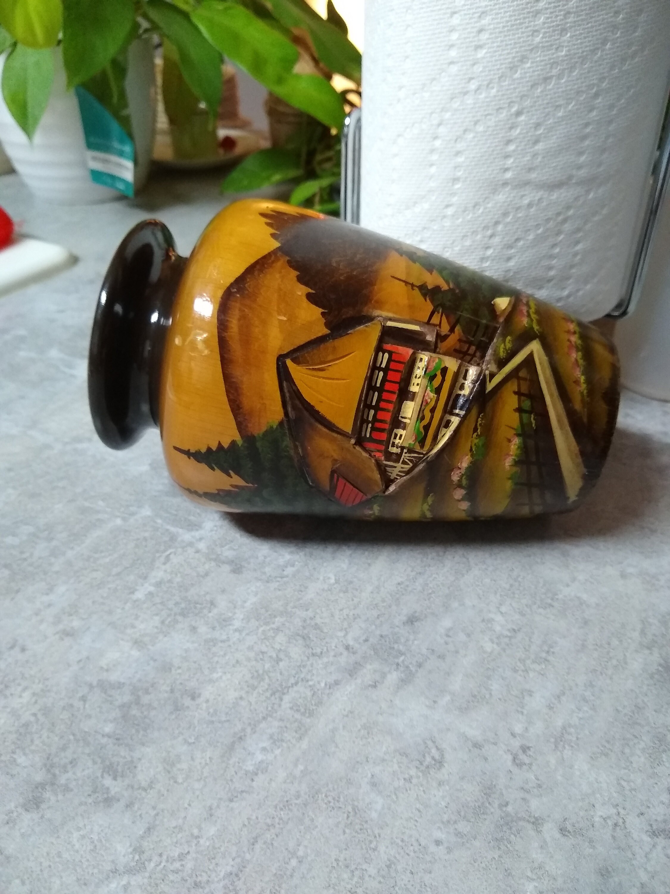 Vintage Black Forest Wood Vase Hand Carved & Painted Schwarzwaldhaus