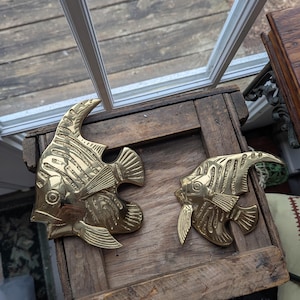 Vintage Brass Angel Fish Wall Decor: Nautical Seaside Cottage Pair