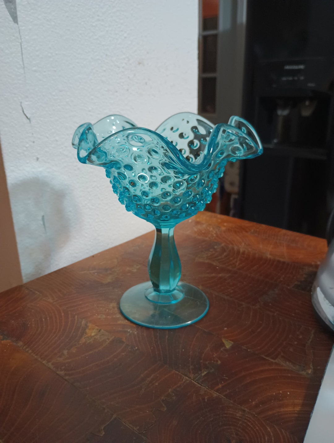Vintage Fenton Blue Glass Hobnail Compote Bowl Ruffled Edge Candy Dish vintage-fenton-blue-glass-hobnail-compote-bowl-ruffled-edge-candy-dish