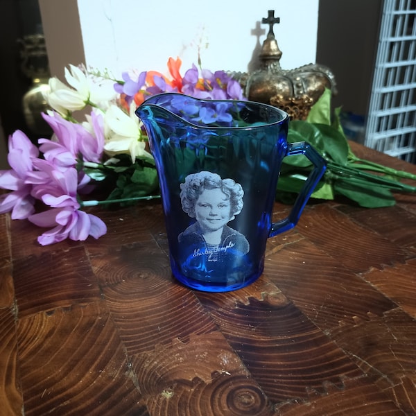 Antique Hazel Atlas Shirley Temple Cobalt Blue Glass Small Childs Milk Pitcher For Cereal. General Mills Advertising Promos 1930’s