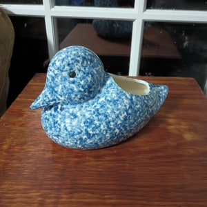 May include: A blue and white ceramic duck planter with a speckled glaze. The planter has a wide, open mouth and a small, round eye.