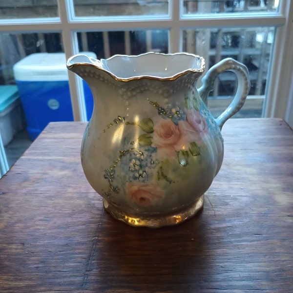 Vintage Japan Porcelain Pitcher Light Blue with Pink Roses Gold Gilding