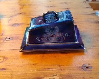 Blue With Gold Lustre Cheese / Butter Dish