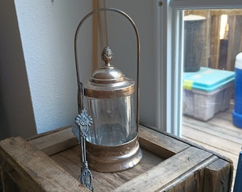 Antique Victorian Pickle Castor: Ornate Silver Plate Glass Jar with Tongs
