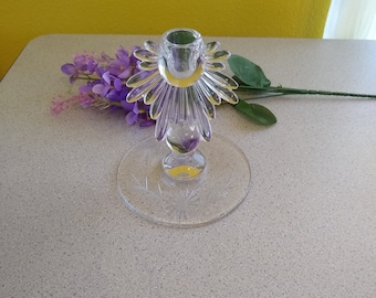 Vintage Glass Candlestick, Candle Holder Clear, Art Deco Style 6.5" Sunburst