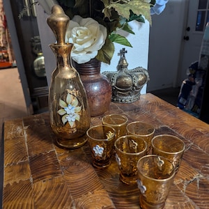 1950s Bohemia gold leaf Amber crystal decanter and glasses