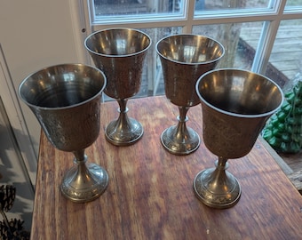 Vintage ZY India World Gift Silver Plate Engraved Stemmed Chalice Goblets-Marked - Set of 4