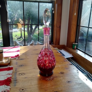 Antique Cut to Clear Cranberry Crystal Decanter with Faceted Stopper