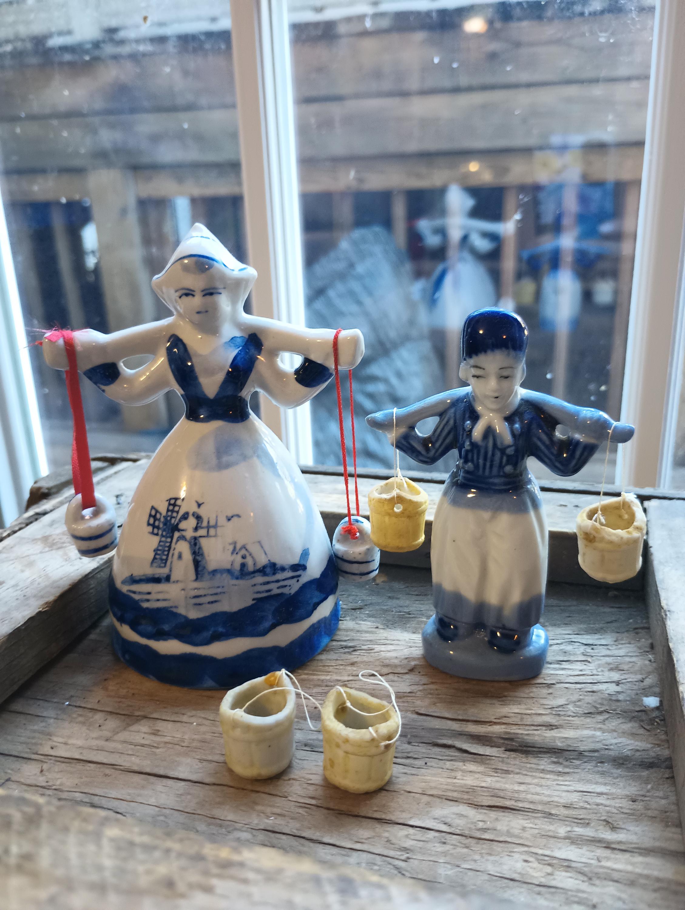 Delft Blue Style Dutch Figurines: Vintage Water Girl and Boy
