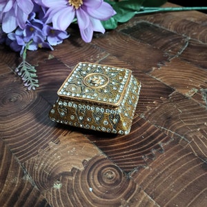 Golden copper Jeweled Mosaic Trinket Jewelry Box Crystal Inlay Glitter Sparkle Ornate Art