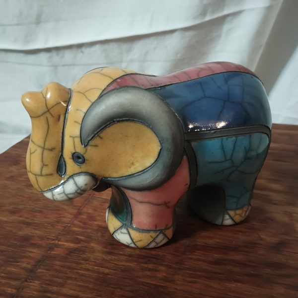 Raku Elephant Figurine - South African - Hand Made - Raku Pottery