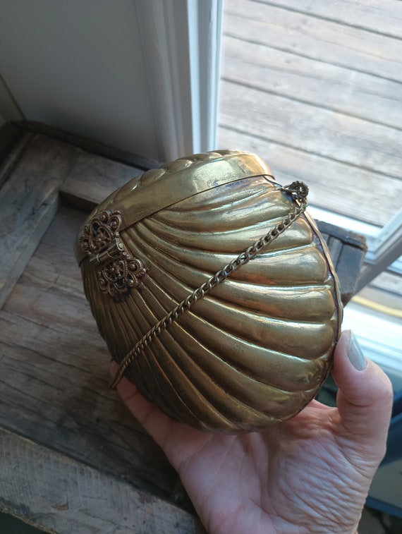 Antique Brass Clamshell Purse Lined With Royal Pu… - image 8