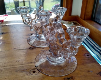 Vintage Cambridge Keyhole Double Candlesticks Etched floral pattern