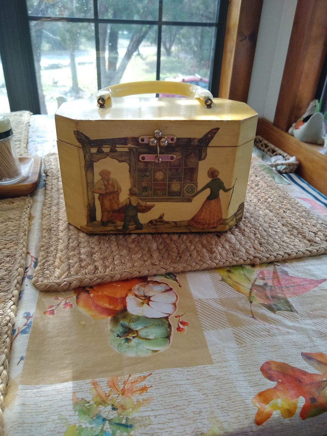 Vintage Annie Laurie Palm Beach Box Purse: Clockmaker Decoupage