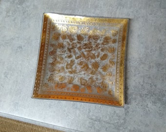 Georges Briard Gold leaf Square Glass Plate 6" Vintage 1950s MCM