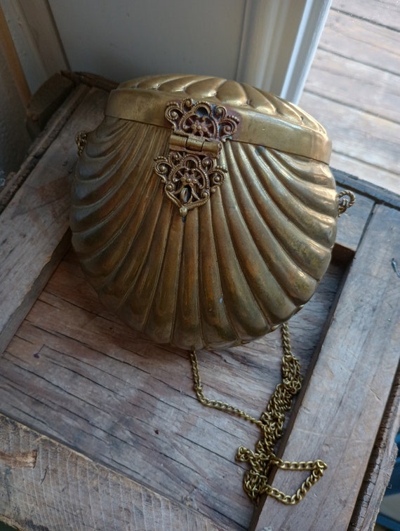 Antique Brass Clamshell Purse Lined With Royal Pu… - image 3