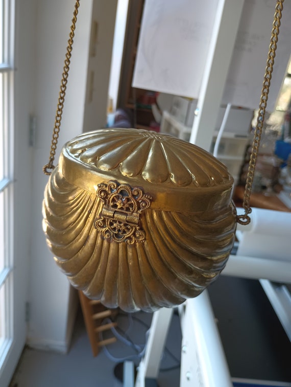 Antique Brass Clamshell Purse Lined With Royal Pu… - image 2