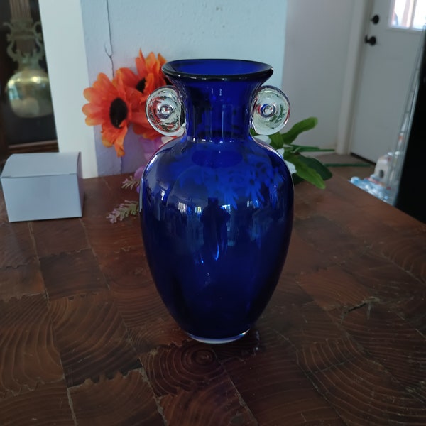 Vase or Urn of Cobalt Blue Art Glass with Matching Clear Scroll Handles and Clear Smooth Base