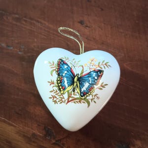 Vintage Heart Shaped Pomander Potpourri Sachet Butterfly on White Ceramic
