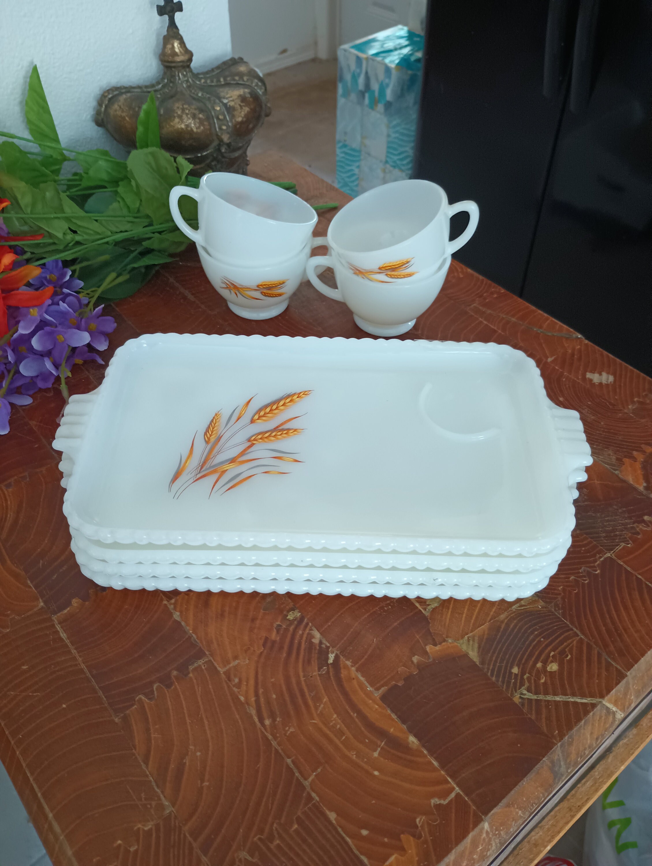 Vintage Fire King Wheat Snack Set: Milk Glass Plate and Cup (set