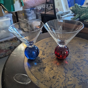 Art Deco Martini Glasses, Ruby Red and Cobalt Blue Bubble Base Set