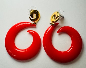 Vintage Gold Tone and Red Enamel 1980s Pierced Earrings - Vintage Jewelry - Oversized Pierced Earrings