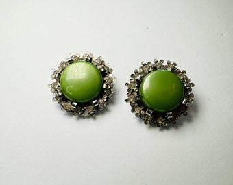 Vintage Silver Tone with Jade Green Stone and  Rhinestones Clip-on Earrings - Vintage Jewelry - Clip-on Earrings