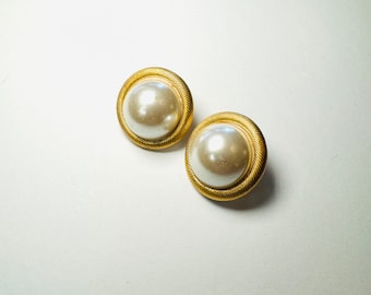 Vintage Gold Tone and Round Pearl  Large 1980s Pierced Earrings - Vintage Jewelry - Oversized Pierced Earrings