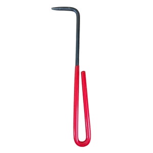 Op de afbeelding: Een rood en zwart metalen haakgereedschap met een gebogen handvat.