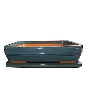 以下が含まれることがあります： 長方形の、ティール色のセラミック盆栽鉢と、それに合うトレイ。鉢は光沢仕上げで、内側は明るい茶色です。トレイは長方形で、少し濃いティール色をしています。