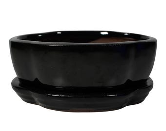 Black Bonsai Pot & Drip Tray | Glazed Ceramic Garden Pot | 120x95x45mm | Shaped Oval | Suitable for Indoor/Outdoor Bonsai Tree