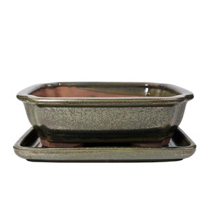 May include: A square bonsai pot with a matching tray. The pot is a muted green with a speckled texture and a reddish-brown interior. The tray is a darker shade of green.